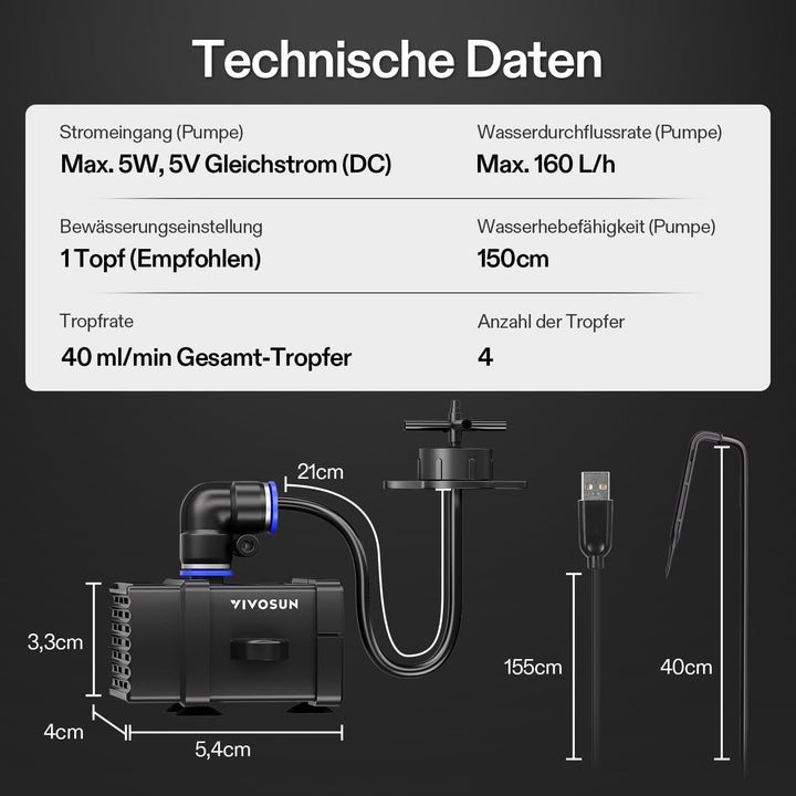 VIVOSUN FlexFeed Tropfbewässerungsset, 4W automatisches Bewässerungssystem mit Pumpe & 4 Tropfern, A