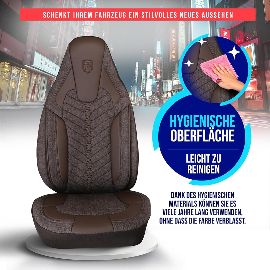 Autositzbezüge Universal für Wohnmobil & Caravan - Vordersitze Auto Sitzbezug aus Leinen, Braun, Air