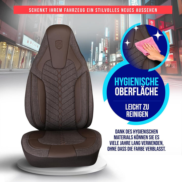 Autositzbezüge Universal für Wohnmobil & Caravan - Vordersitze Auto Sitzbezug aus Leinen, Braun, Air