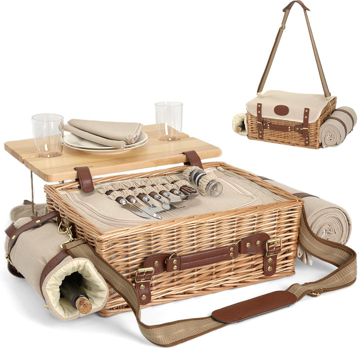 Multifunktionales Picknickkorb-Set aus Weidengeflecht für 2 Personen mit Decke und Picknicktisch, is