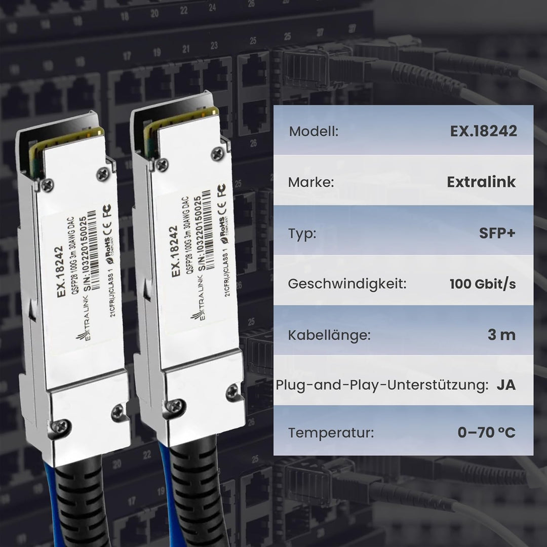 EXTRALINK DAC QSFP28 Kabel 3m – Passives Twinax Kabel 100Gbit, QSFP28 zu QSFP28, MSA kompatibel, für