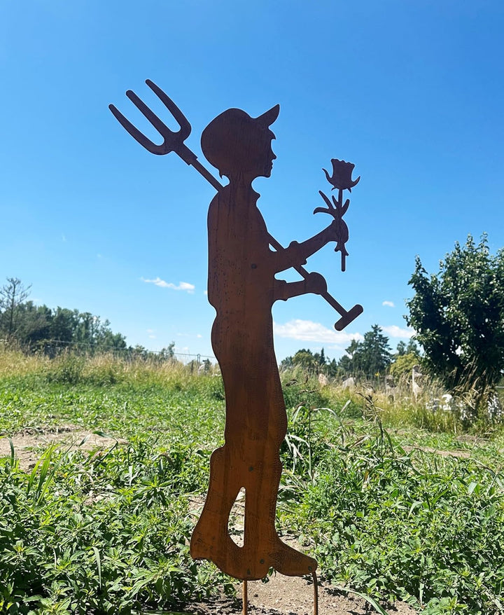 Gartenfigur Gärtner Fritz mit Spatengabel und Rose 100x57cm zum Stecken Gartenstecker Edelrost Garte