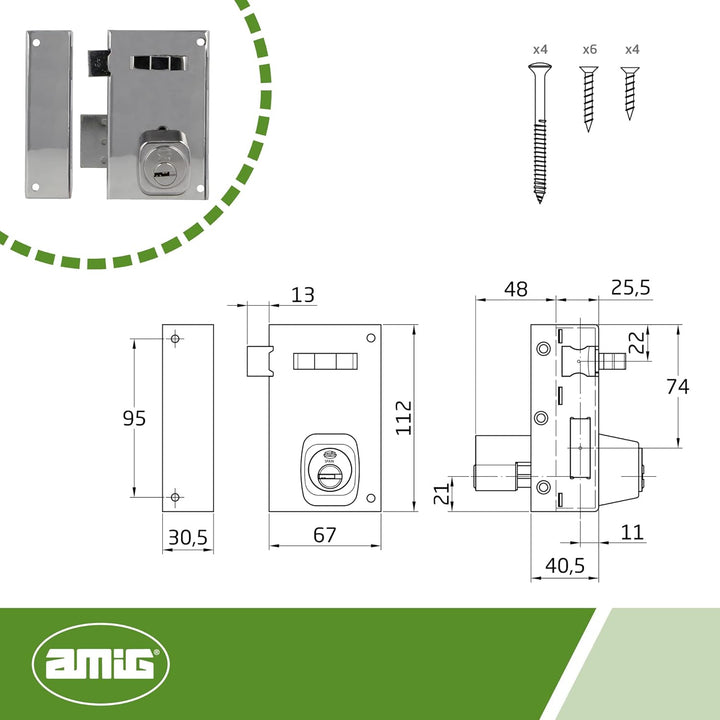 Amig - Aufschraubschloss DIN links mit Schliesshebel, Falle und Ziehgriff für Holztüren Mod. 76-67 x