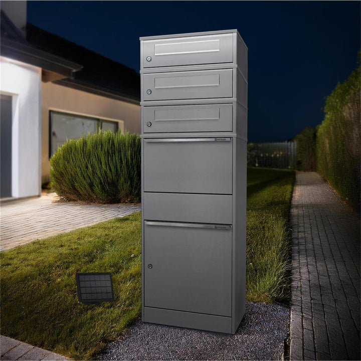 Metzler Paketbox mit LED-Solarbeleuchtung und 3 Briefkästen in Graualuminium RAL 9007, wetterfest un