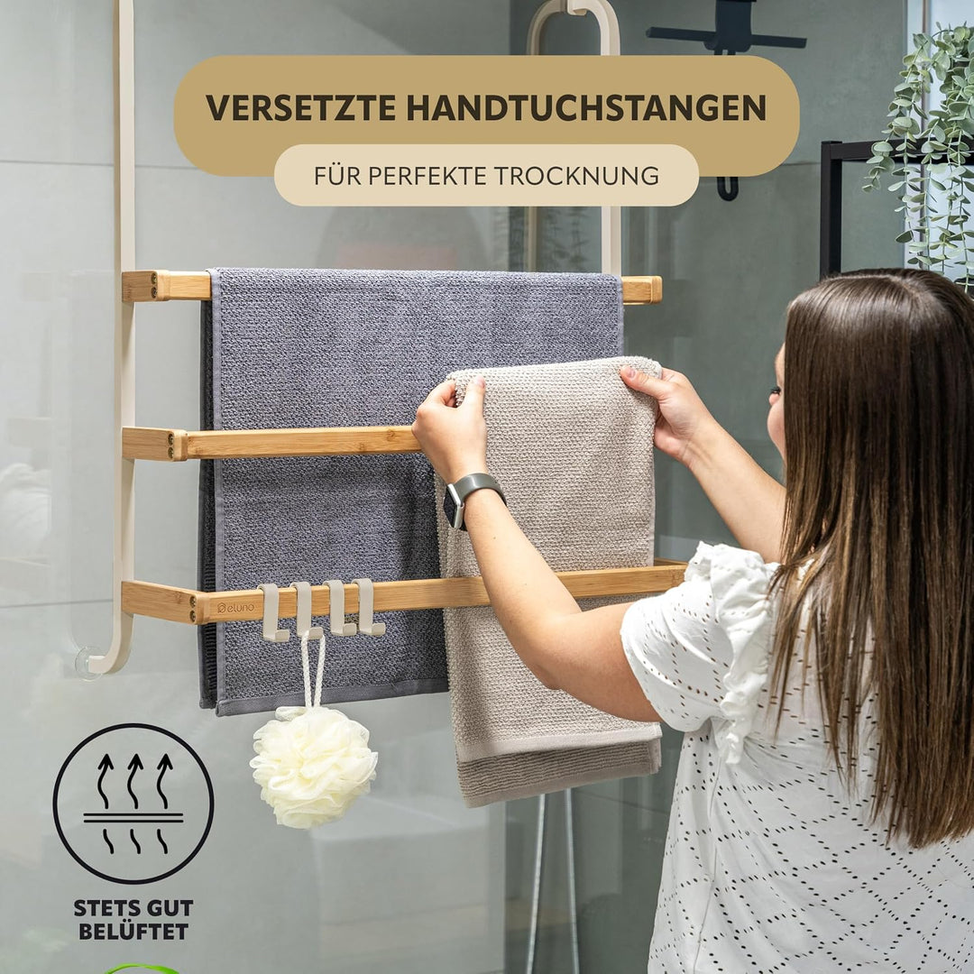 eluno Handtuchhalter für die Glasduschwand aus Metall und Bambus, Handtuchhalter mit 3 Handtuchstang