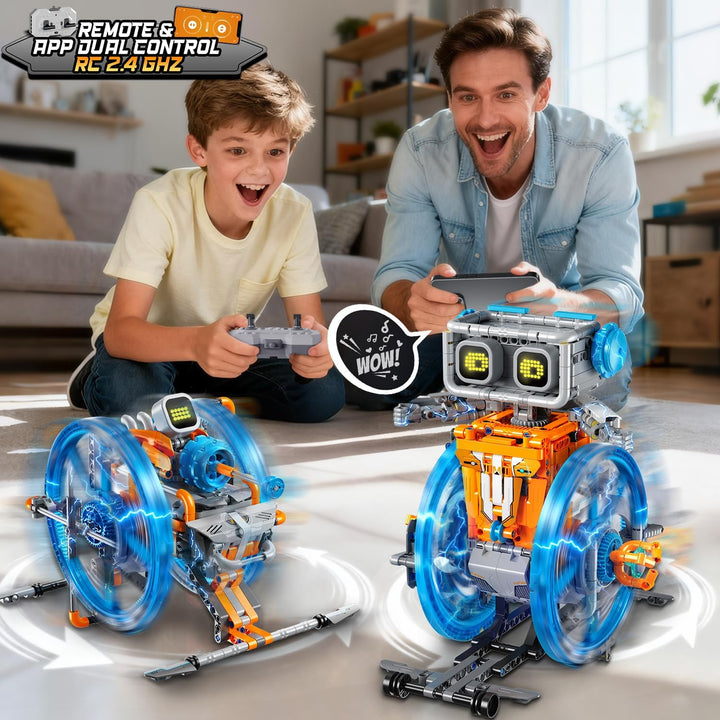 Technik Roboter für Kinder Bauspielzeug mit LED-Augen, 5-in-1 Fernbedienung und App Wiederaufladbare