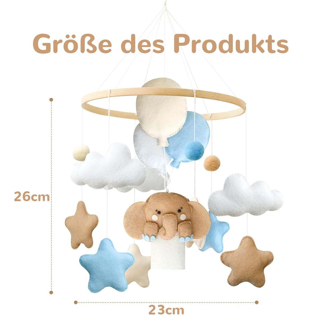 Elefant Mobile Baby Windspiele mit Filzbällen, Elefant, Heissluftballon, Sterne, Wolken Mobile Baby