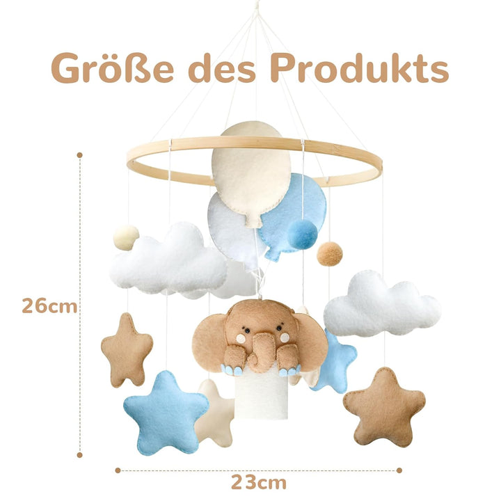 Elefant Mobile Baby Windspiele mit Filzbällen, Elefant, Heissluftballon, Sterne, Wolken Mobile Baby