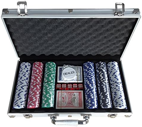 Pokerkoffer 300 Chips Poker-Chips Set mit Würfeln, 2 Kartendecks, 5 Würfel, Händler, Pokerset mit Al