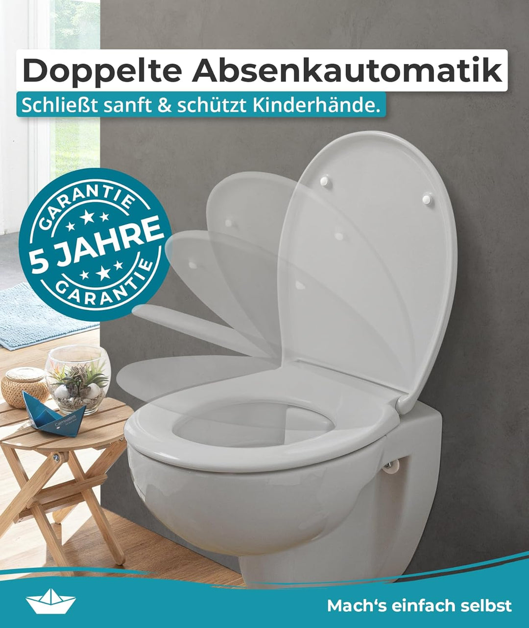 Calmwaters® Premium WC Sitz einfache Montage, Toilettendeckel bis 250 kg, Made in EU, aus antibakter