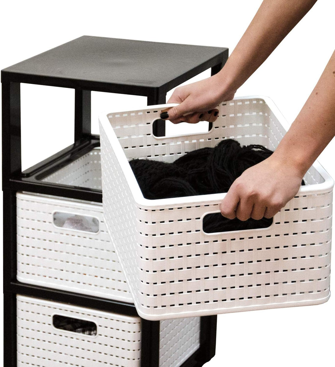 Rotho Country Rollcontainer mit 3 Schubladen in Rattan-Optik, Kunststoff (PP) BPA-frei, anthrazit, 3