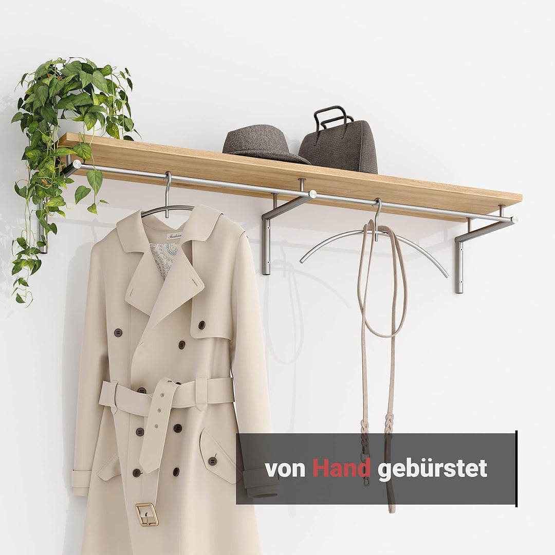 PHOS Design, G13-1200-Eiche, 120 cm breite Edelstahl-Wandgarderobe mit Kleiderstange und Eichenholza