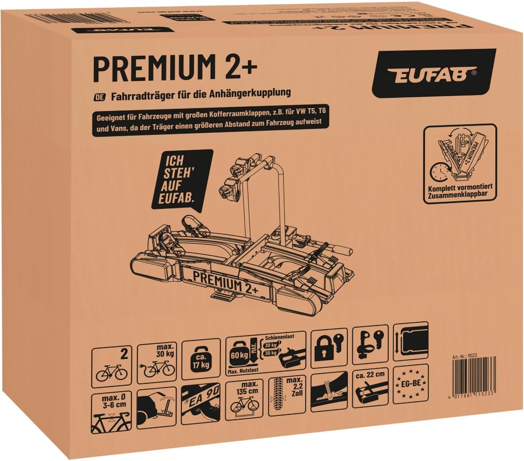 EUFAB 11523 Fahrradträger PREMIUM 2 Plus, E-Bike geeignet, für grosse Heckklappen, komplett vormonti