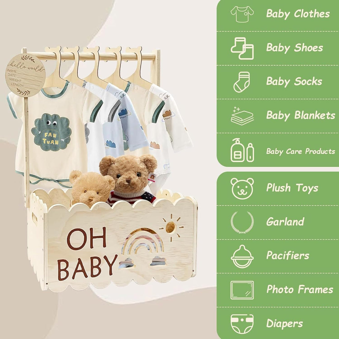 QSLKI Wooden Baby Gift Basket with Handle, Dekorative Baby Duschkorbe, Hohlmuster, Bequeme Aufnahme