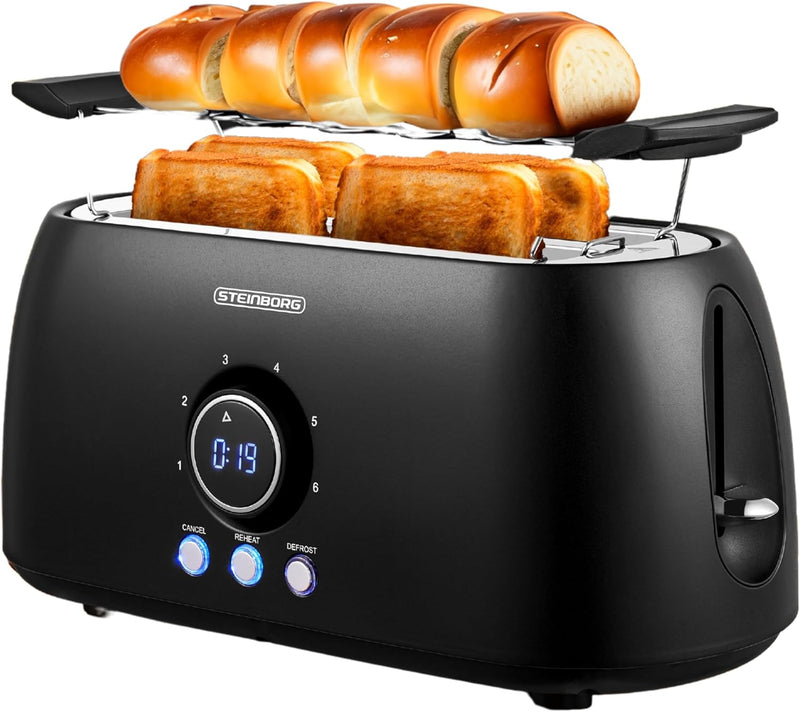 XXL Toaster 4 Scheiben mit Brötchenaufsatz | Toaster Schwarz | Digitales Display | Toastautomat | Au