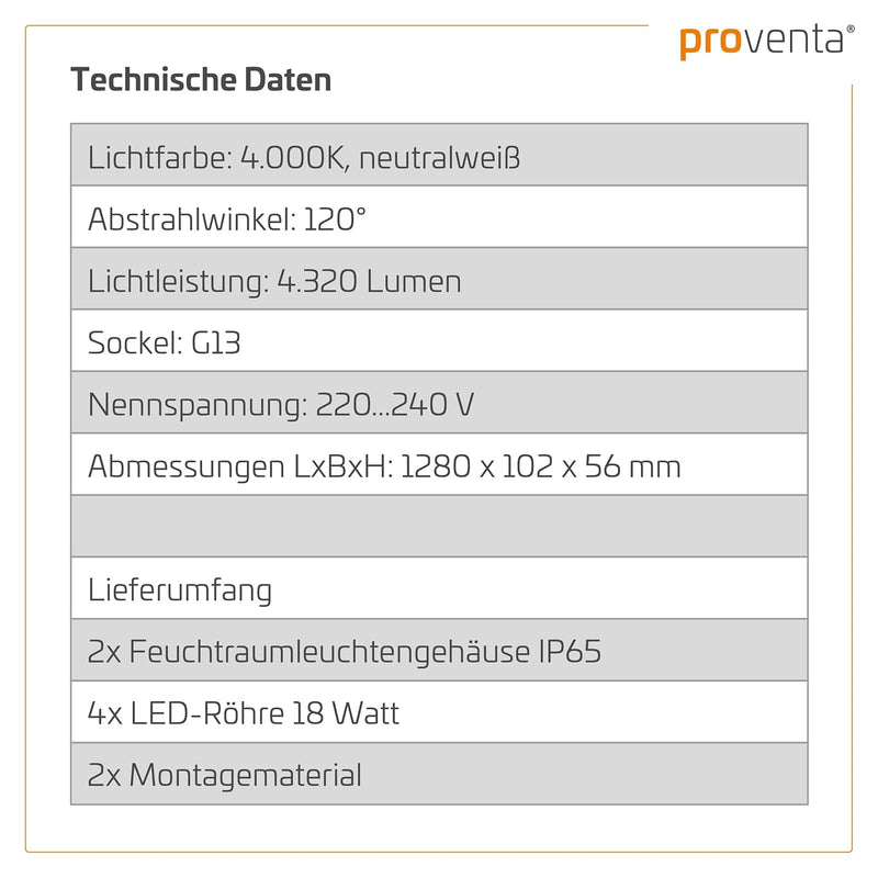 proventa IP65 LED-Feuchtraumleuchte 120cm mit 2x 18W LED-Röhre neutralweiss 4.320 Lumen Klappdeckel