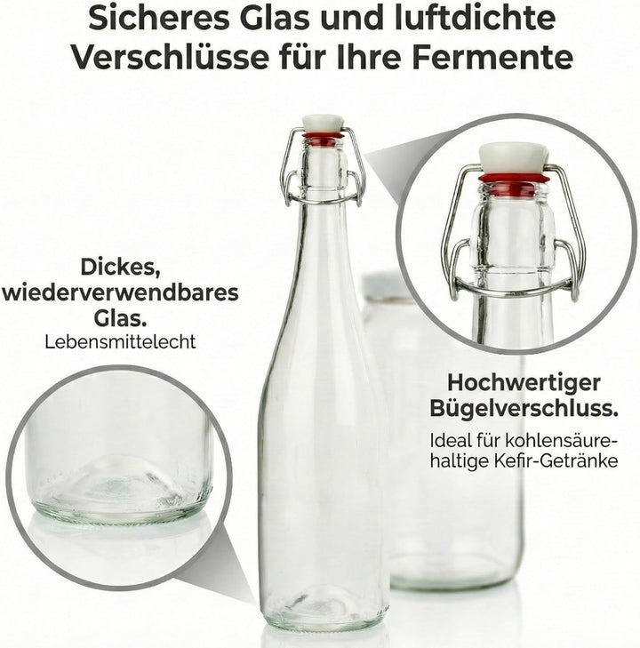 Kefir & Kombucha Starter Set | 2L Glasgefäss | 3 hermetische 750ml Bügelflaschen | 10cm Trichter & M