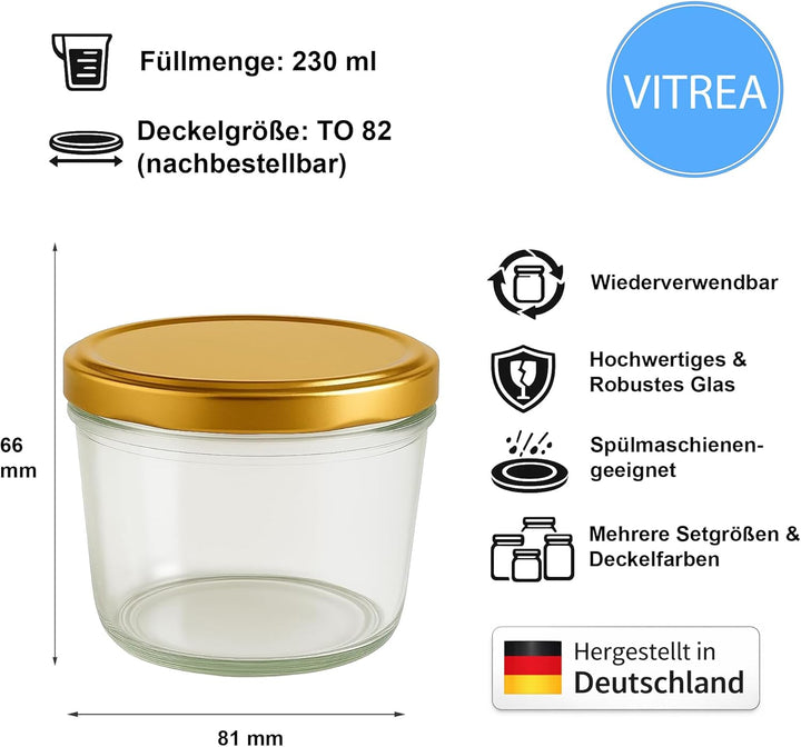 Vitrea 100x Marmeladengläser 230 ml - mit Deckel Gold TO 82 - Einmachgläser zum befüllen mit Schraub