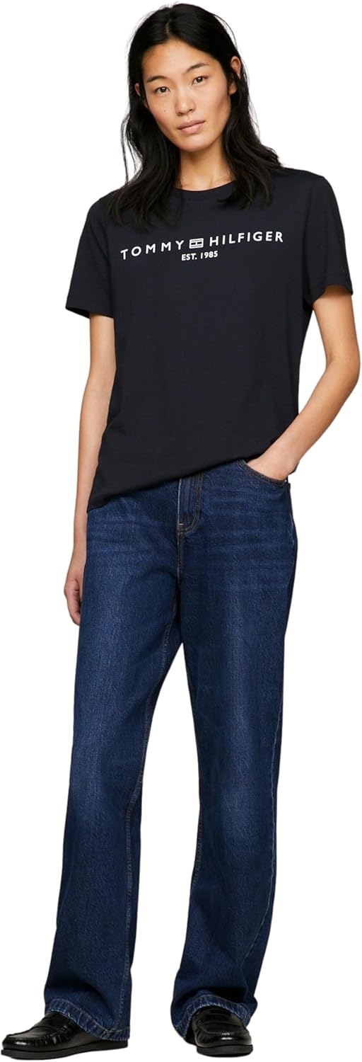Tommy Hilfiger Damen T-Shirt Kurzarm Logo Rundhalsausschnitt XS Blue (Desert Sky), XS Blue (Desert S