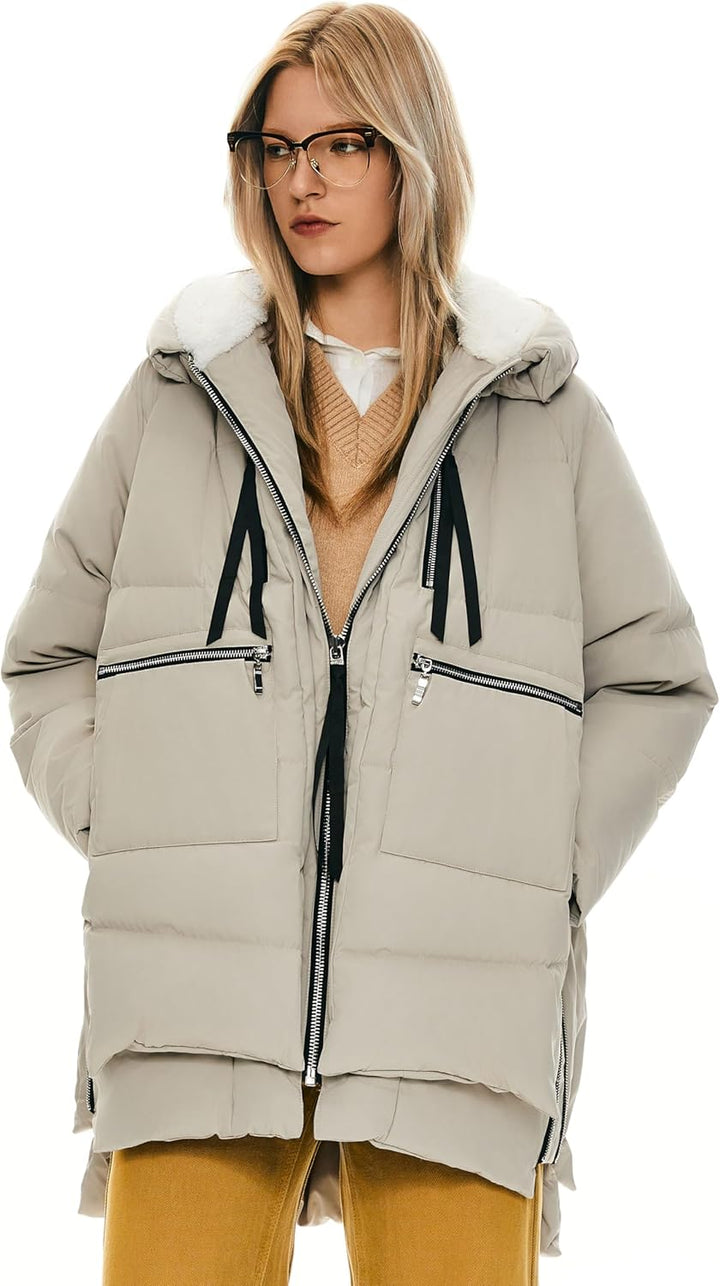 Orolay Winterjacke Damen Verdickte Warme Outdoor Daunenjacke für Damen mit Kapuze, S Beige