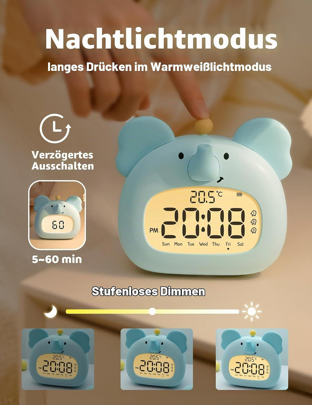 IHALO Elefanten Deko Kinderwecker, Nachttischwecker mit Nachtlicht, Digitales LED-Display, 3,15 Zoll
