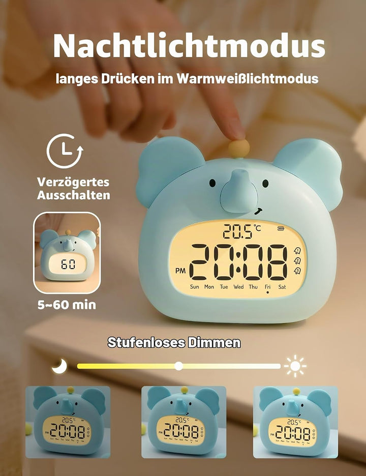 IHALO Elefanten Deko Kinderwecker, Nachttischwecker mit Nachtlicht, Digitales LED-Display, 3,15 Zoll