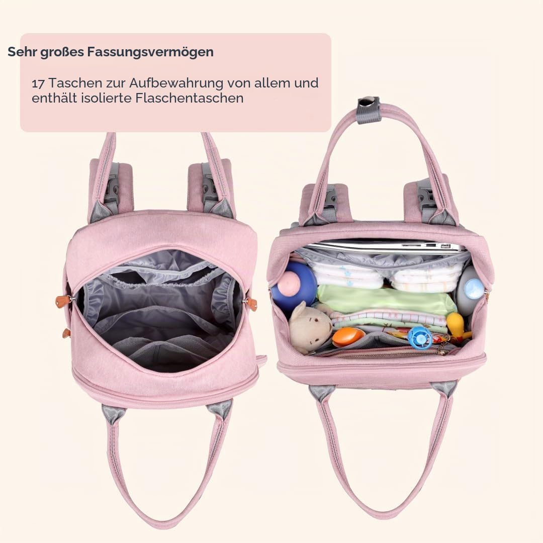 BabbleRoo Wickeltasche Rucksack – Grosse Kapazität, 17 Taschen, Wasserabweisend – mit Wickelauflage,