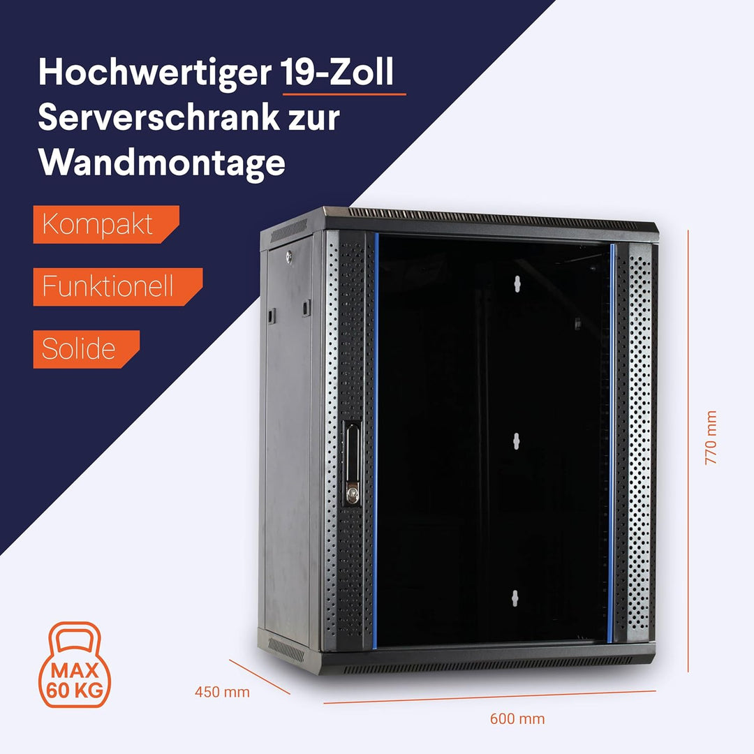 DSIT 15HE Netzwerkschrank (Serverschrank) 19 Zoll Wandmontage - mit Glastür (BxTxH) 600 x 450 x 770