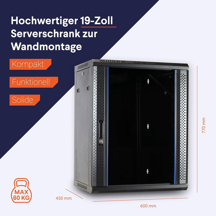 DSIT 15HE Netzwerkschrank (Serverschrank) 19 Zoll Wandmontage - mit Glastür (BxTxH) 600 x 450 x 770
