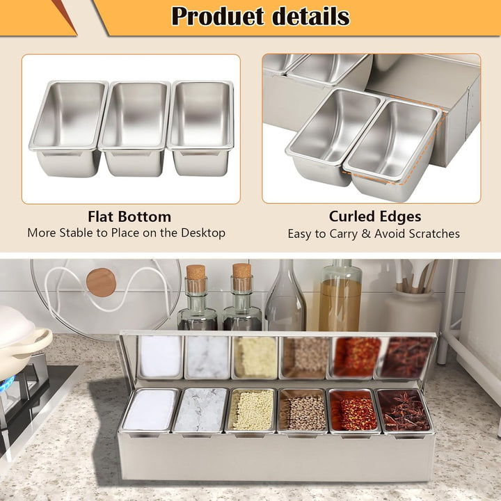 Zutatenbehälter Edelstahl Beilagenbehälter mit 6 Einsätzen und Deckel, Zutatenbox Gewürzboxen Gastro