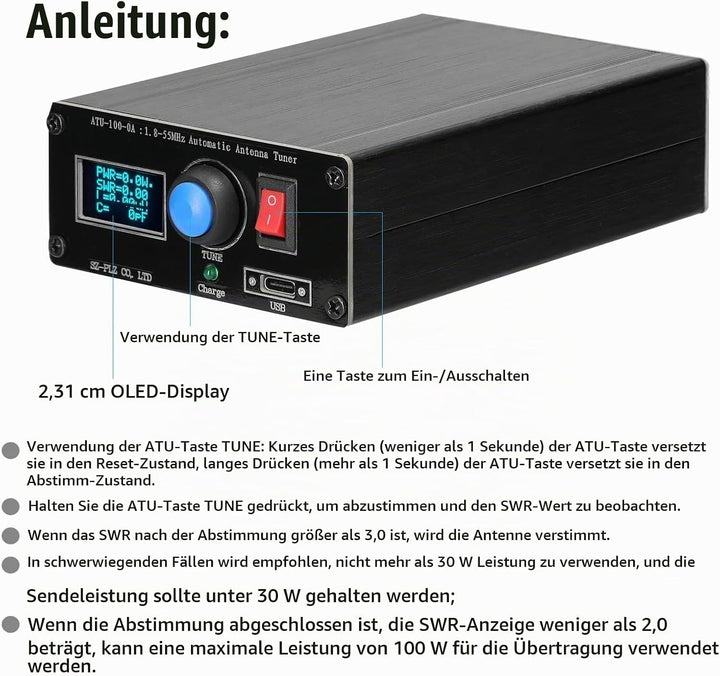 Automatischer ATU-100 Mini Antennentuner 0,96" Display USB Ladefunktion Radiotuner 1,8-55 MHz