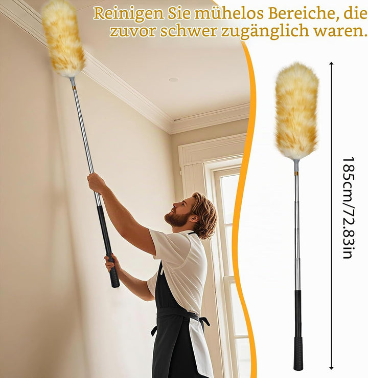Lammwolle Staubwedel Set Mit Teleskopstange Bis 185cm, Waschbar – 2 Wedel (Gross &amp; Klein) + Haken Fü