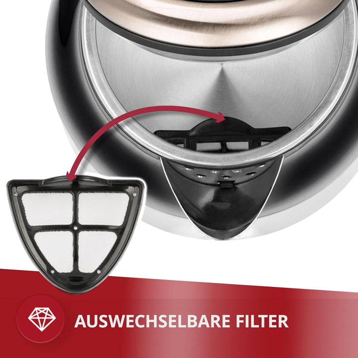 MPM MCZ-91M Elektrischer Wasserkocher, Fassungsvermögen 1,7 L, BPA-freier Edelstahl, Kabellos 360º o