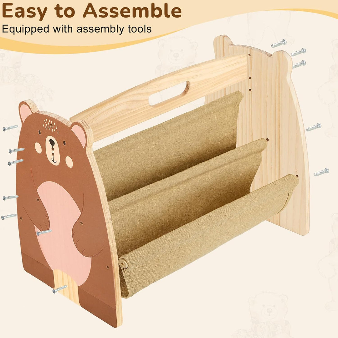 MHJY Bücherregal Kinder, doppelseitiges Holzregal mit robusten Canvas-Taschen, Montessori Stil, trag
