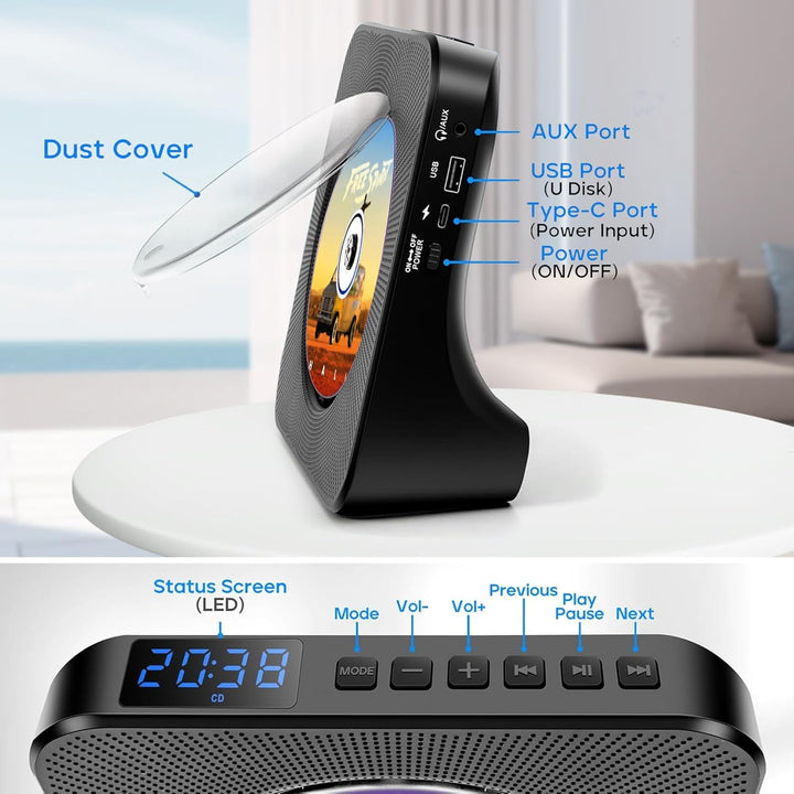 Tragbarer CD-Player Akku 4000mAh, Bluetooth CD-Player für das Auto, Kinder-Musikplayer mit Lautsprec