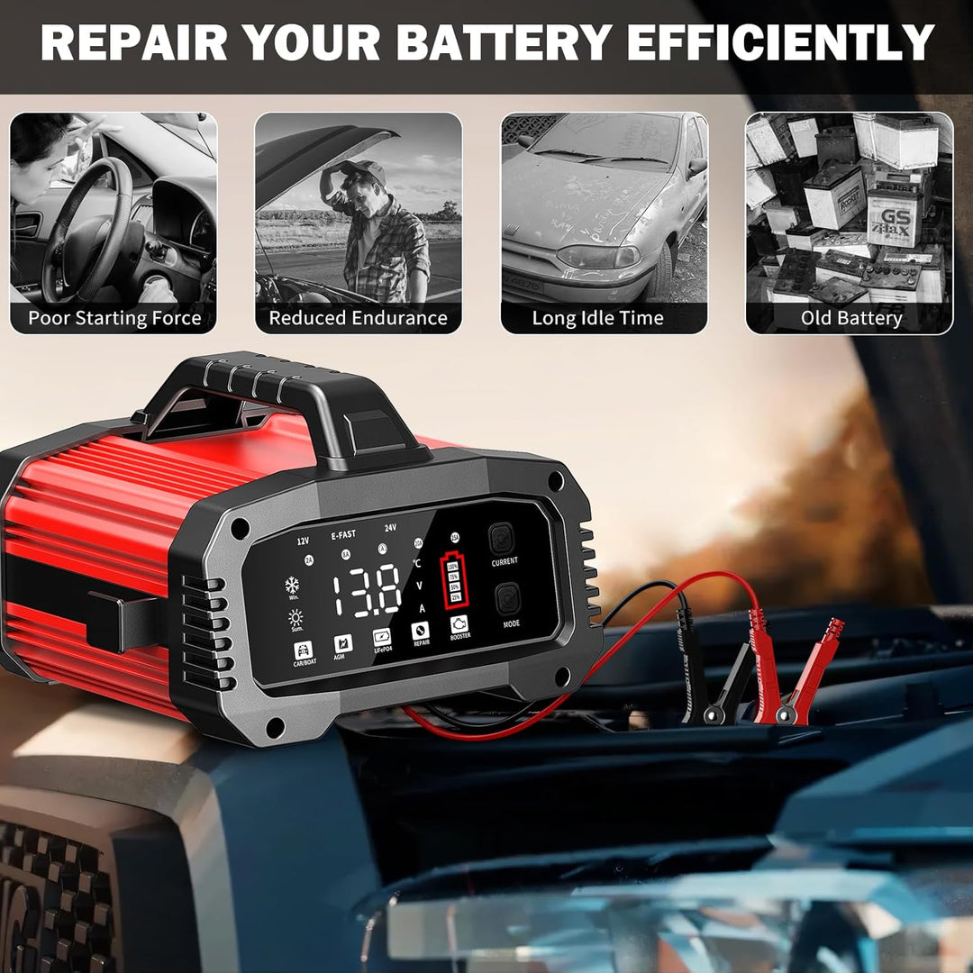 25A Auto-Batterieladegerät, mit Temperaturkompensation für Auto-, LKW-, Motorrad-, Rasenmäher-, Boot