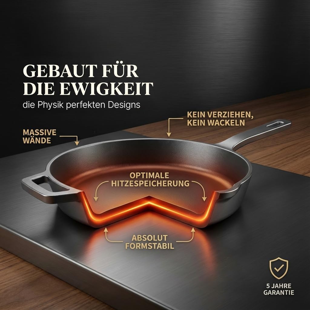 Ottia reine Gusseisenpfanne Induktion 24cm (ungeschliffen), kratzfest, frei von PFOAS und co, inkl e