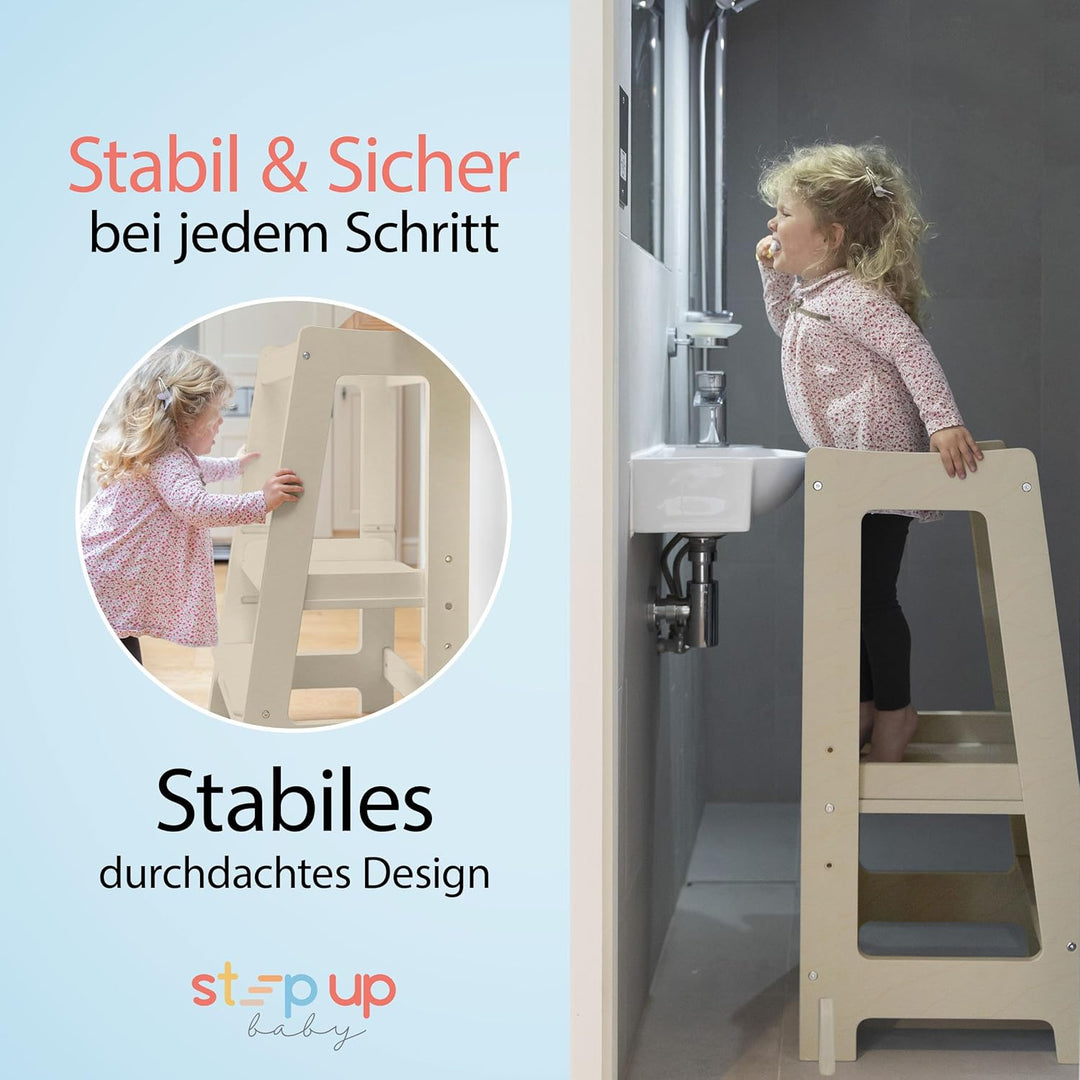 Stepup Baby Montessori Lernturm ab 1 Jahr Höhenverstellbar Tritthocker Kinder mit Sicherheitsgelände