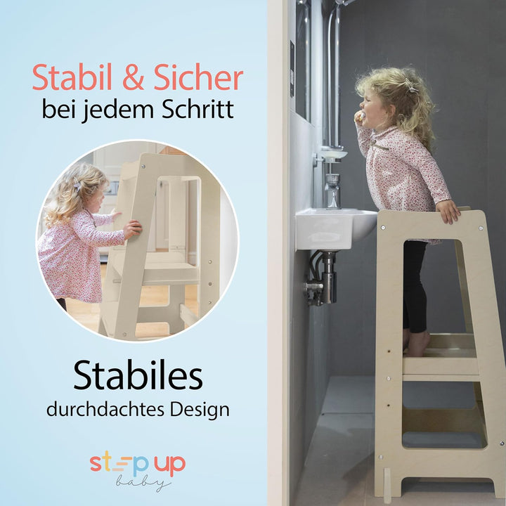 Stepup Baby Montessori Lernturm ab 1 Jahr Höhenverstellbar Tritthocker Kinder mit Sicherheitsgelände