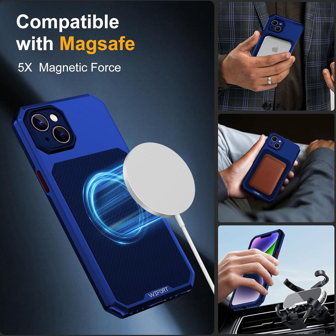 WIFORT Magnetisch Metall Hülle für iPhone 14 Plus Kompatibel mit MagSafe, mit 2 Stück Schutzglas, Mi