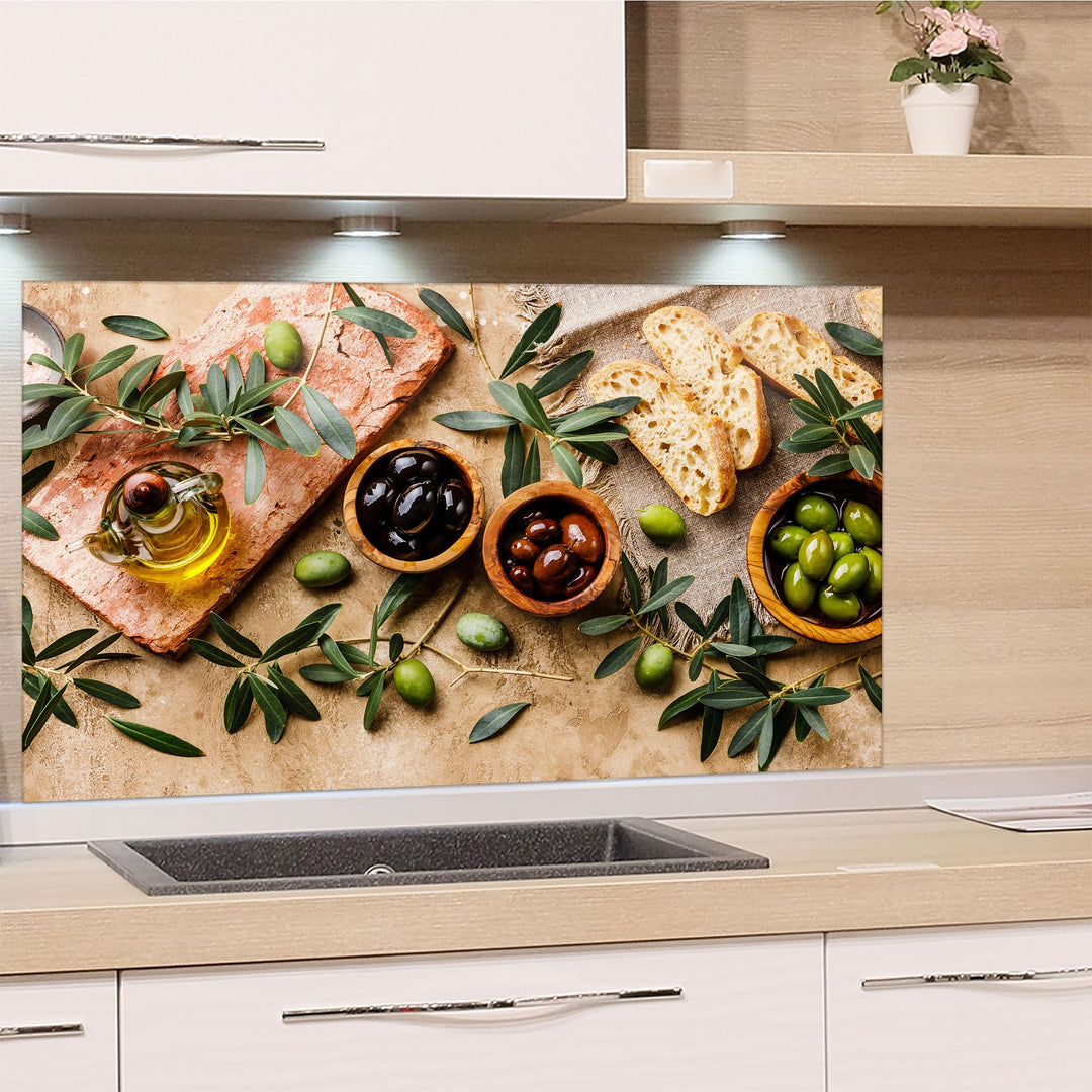 GRAZDesign Spritzschutz Küchenrückwand Glas Küche für Herd & Küchenspüle, Holzoptik mit Oliven | Gla