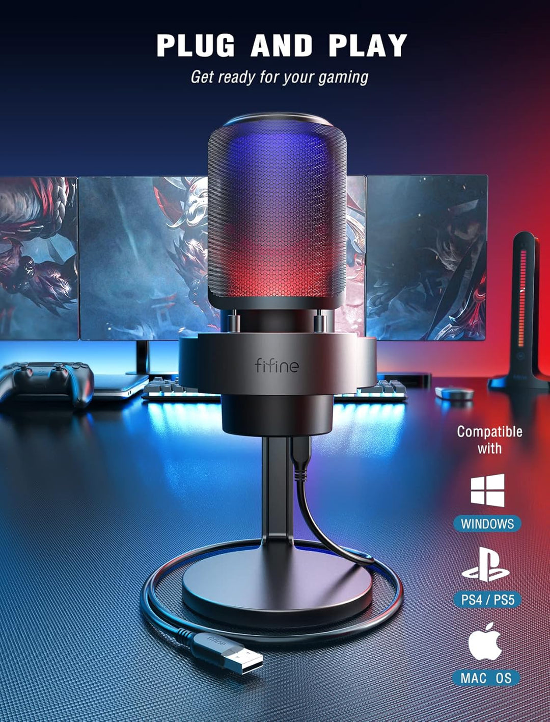 FIFINE USB Mikrofon PC, Gaming Mikrofon für Streaming Podcast Studio, Microphone USBC für PS4 PS5 MA