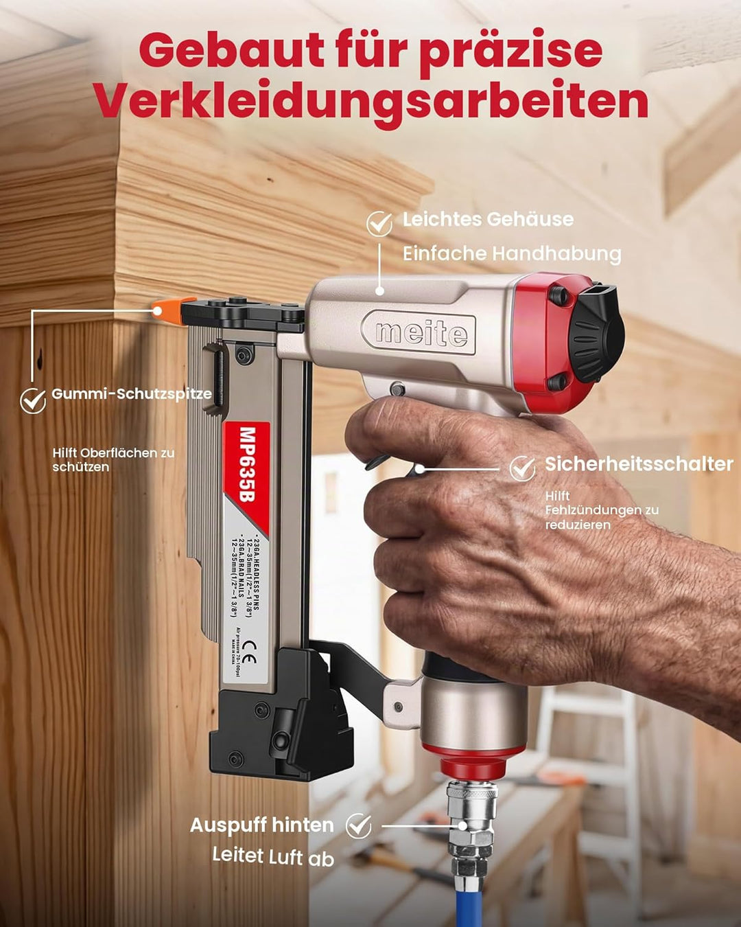 meite MP635B 23-Gauge Stiftnagler mit 10.000 Stück 25 mm Stiftnägel, kompakte pneumatische Pin-Nagle
