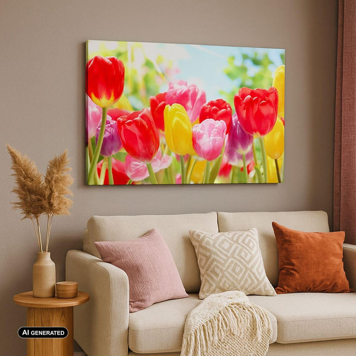 Bilder auf Leinwand Tulpe Blume Garten Plantage Leinwandbild 70x50cm Wandbilder Dekoration Wohnzimme