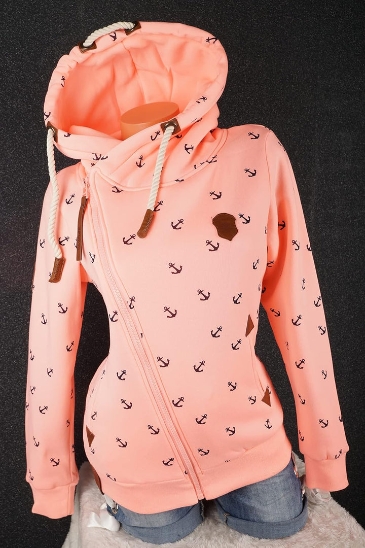 VIN TE Damen Sweat Jacke XXL Kapuze Hoodie Übergangsjacke Fleece gefüttert schräger Reissverschluss
