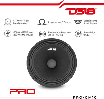 DS18 Car Midrange Speaker 10" Inch 660w Watt 8Ohm Bass Loudspeaker PRO-GM10 10-Inch 8-Ohms Classic N