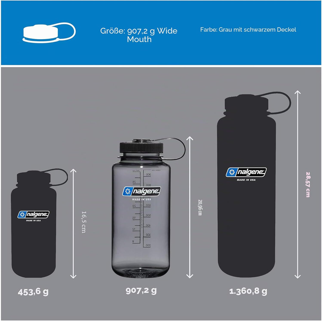 Nalgene Sustain Tritan BPA-freie Wasserflasche aus 50% Plastikabfällen, 900 ml, breite Öffnung, grau
