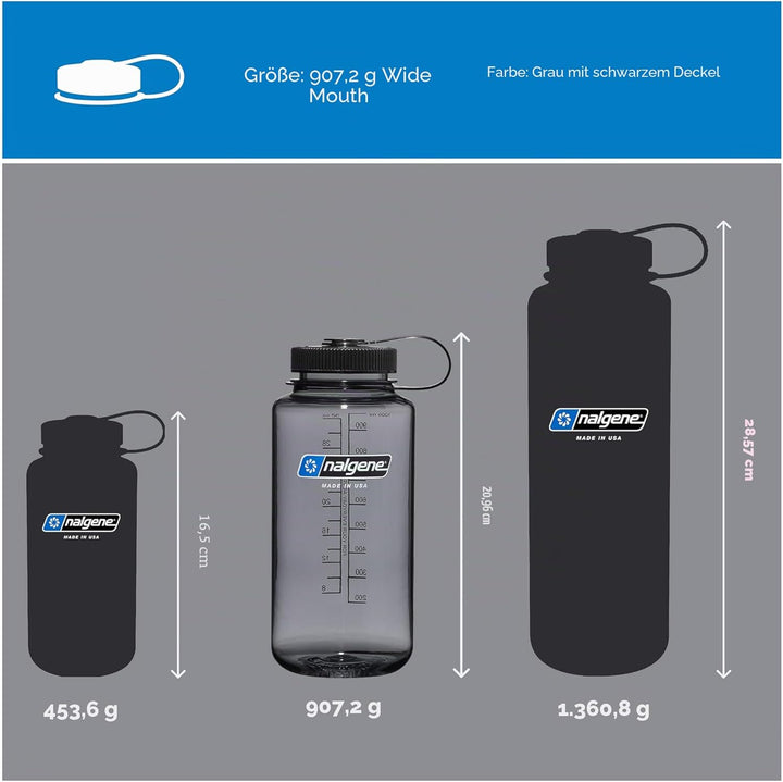 Nalgene Sustain Tritan BPA-freie Wasserflasche aus 50% Plastikabfällen, 900 ml, breite Öffnung, grau