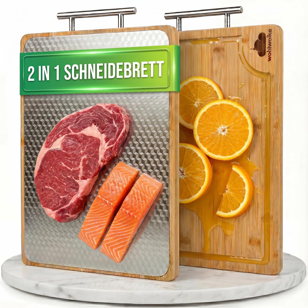 Doppelseitiges Schneidebrett Edelstahl & Bambus | Küchenbrett mit Saftrille & Metallgriff | Holzbret