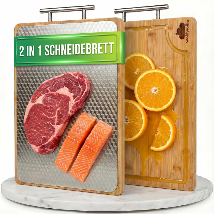 Doppelseitiges Schneidebrett Edelstahl & Bambus | Küchenbrett mit Saftrille & Metallgriff | Holzbret